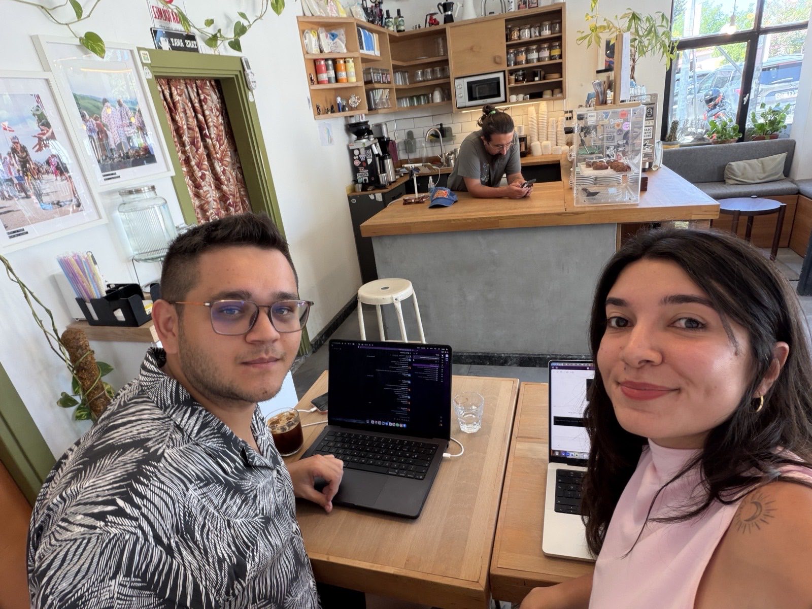 Two of the Lovie team working from a cafe in San Francisco