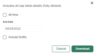 Pulley export dialog showing All time, End Date, Include Drafts, and Download