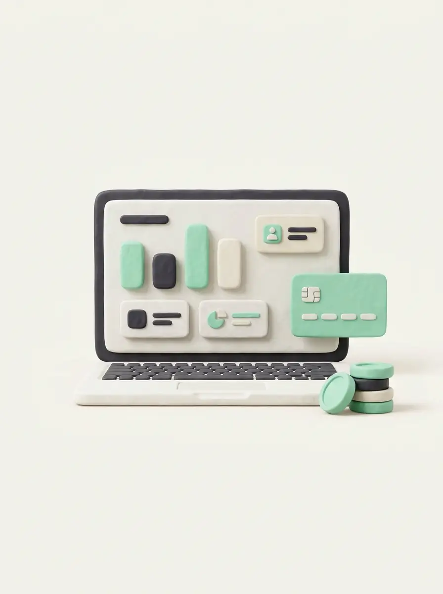 Laptop with a business dashboard and bank card — company ready to operate