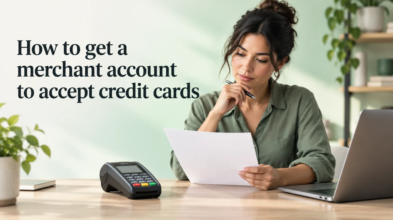 Founder reviewing a merchant account agreement beside a card terminal.