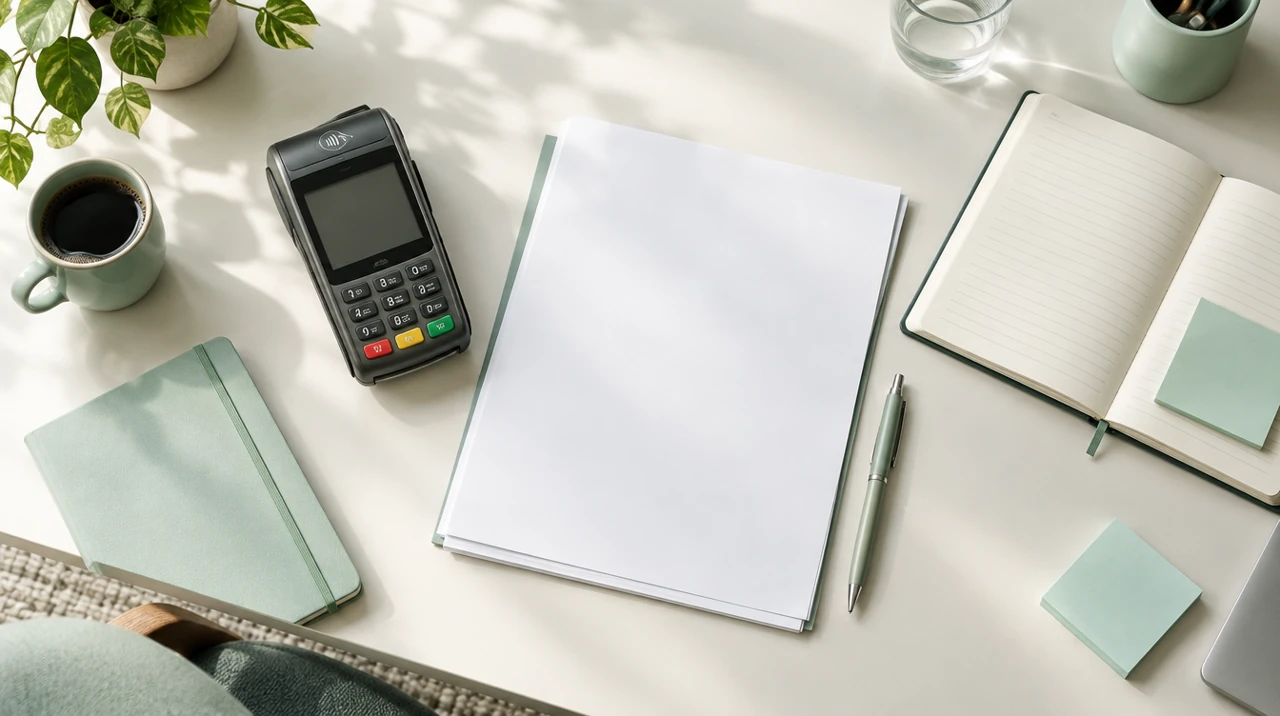Merchant account decision records, blank contract pages, and a card terminal.