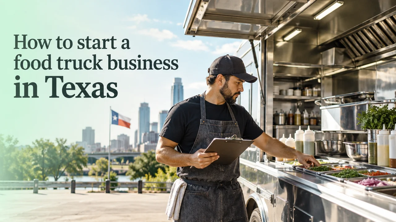Texas food truck founder reviewing mobile kitchen preparation steps.