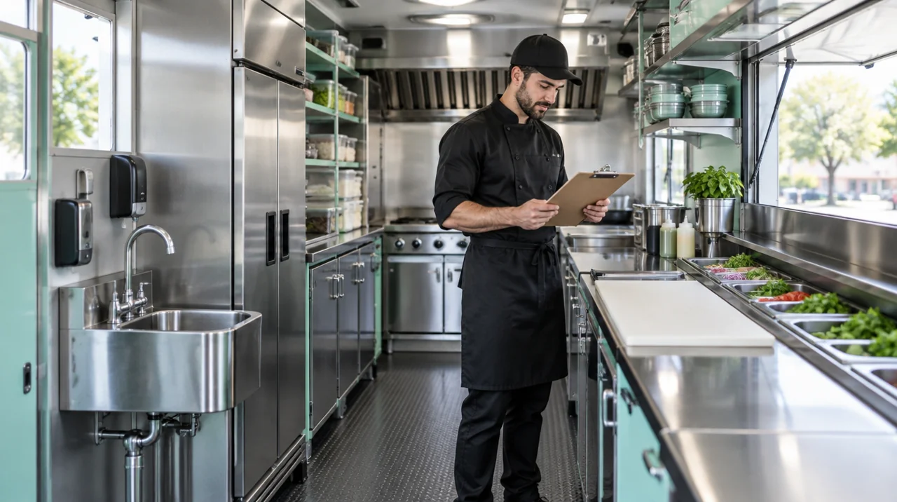 Texas food truck stainless work surfaces, handwashing sink, and prep records.