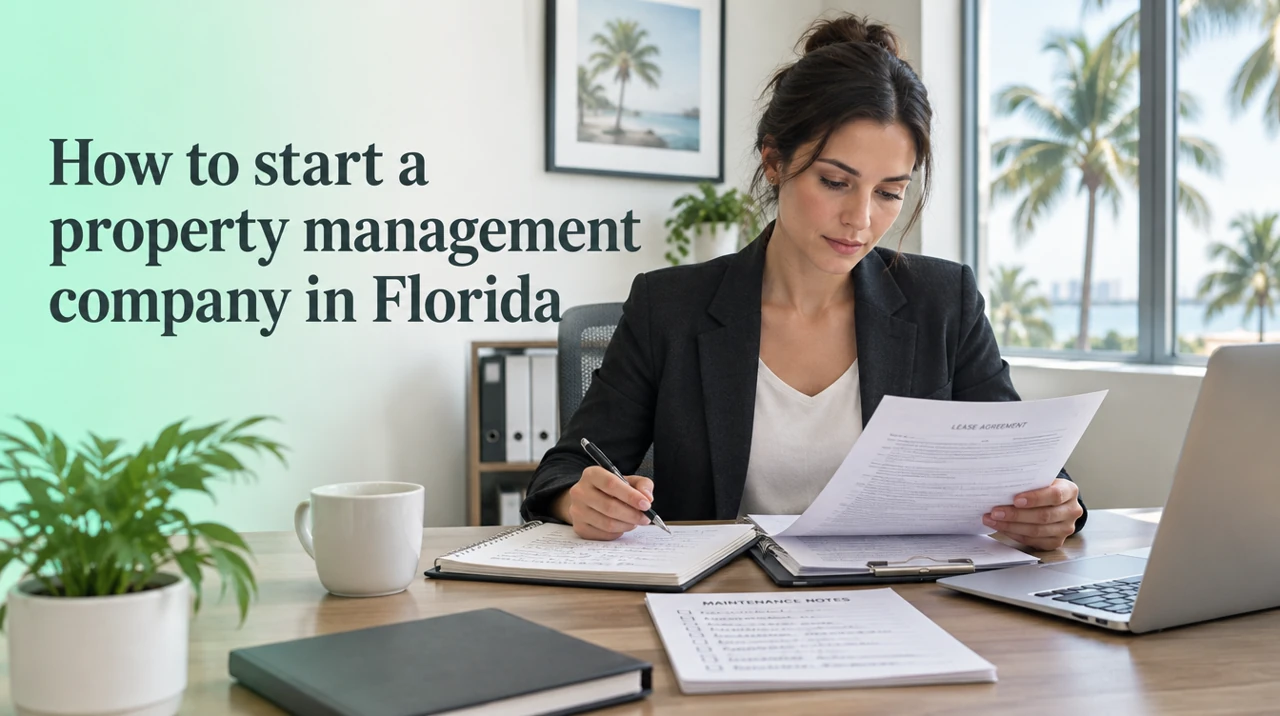 Florida property management founder reviewing a lease and maintenance notes.