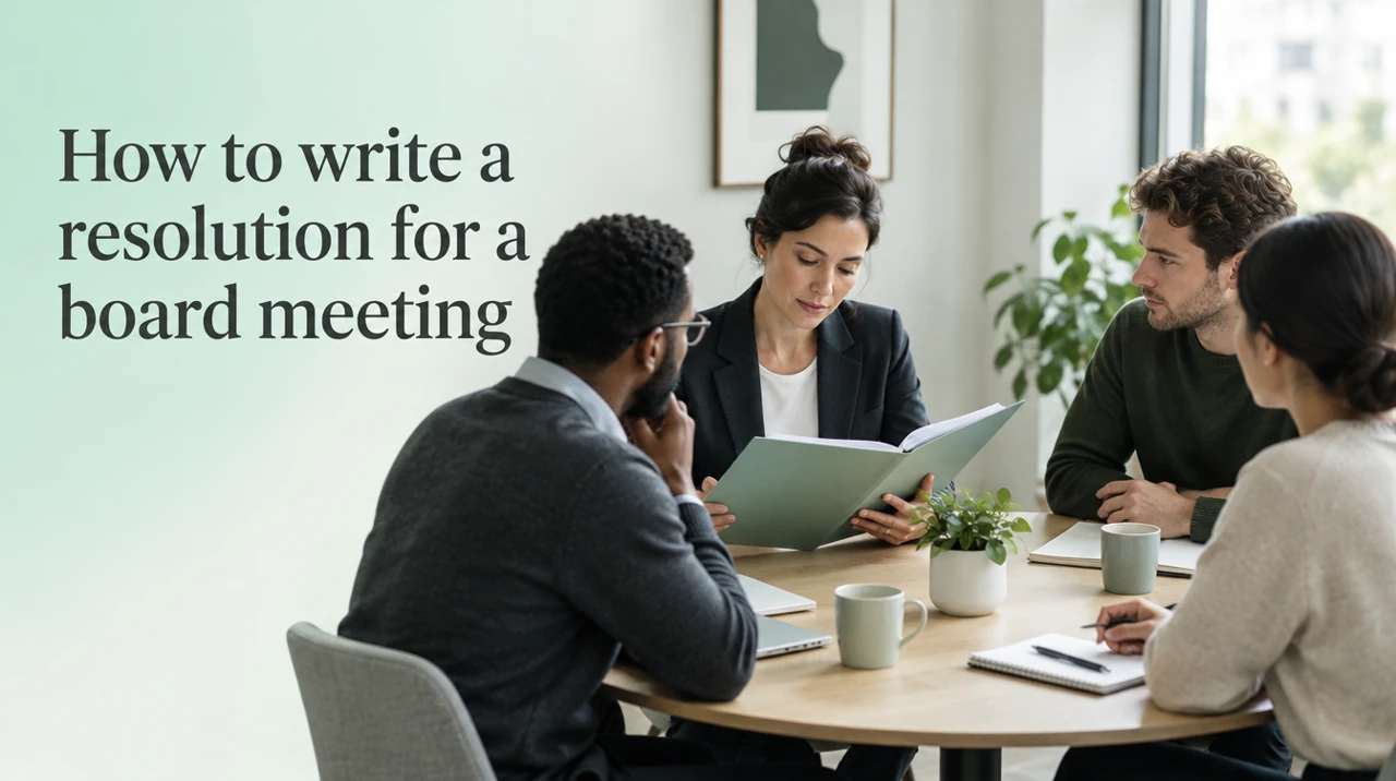 Startup directors reviewing a board resolution at a meeting.