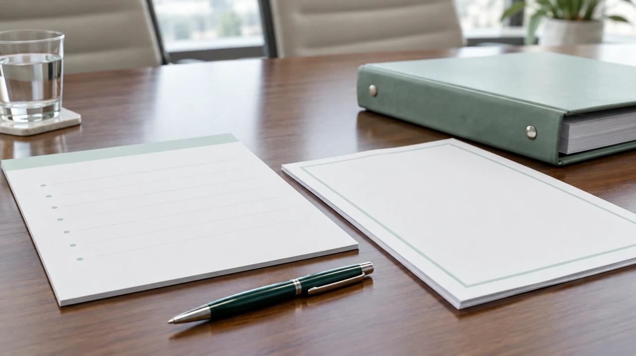 Board resolution and meeting-record folders on a conference table.