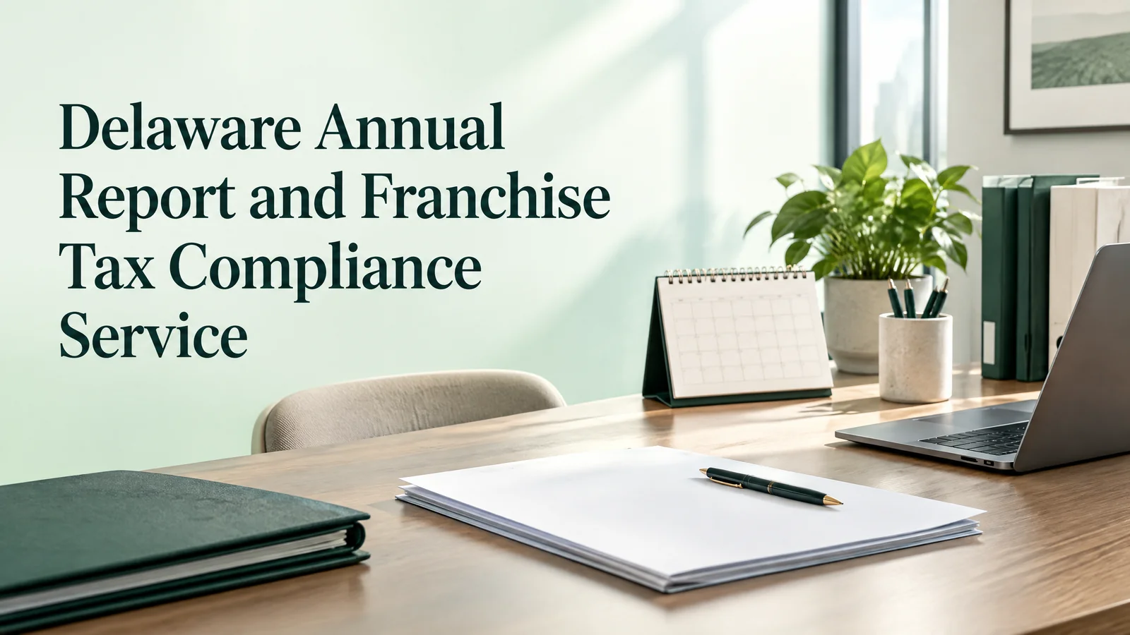 Delaware annual report and franchise tax compliance guide beside organized office records.