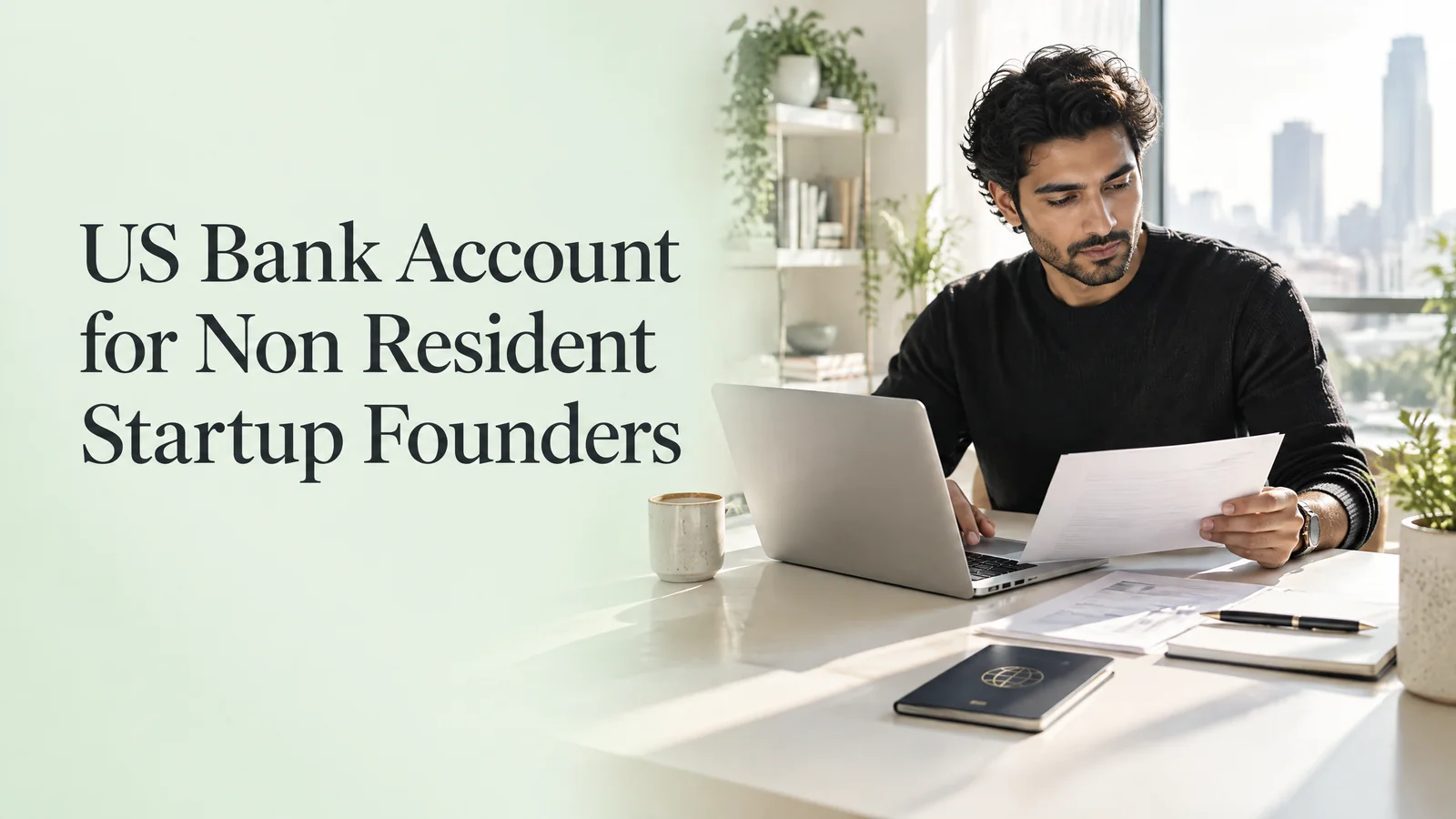 US bank account for non resident startup founders title above a founder reviewing records.