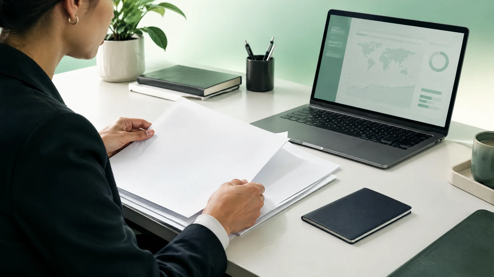 A founder checks business bank account documentation beside a laptop and passport.