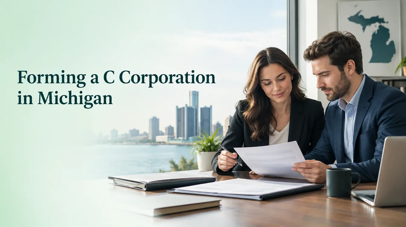 An office scene illustrates forming a c corporation in michigan for business founders.