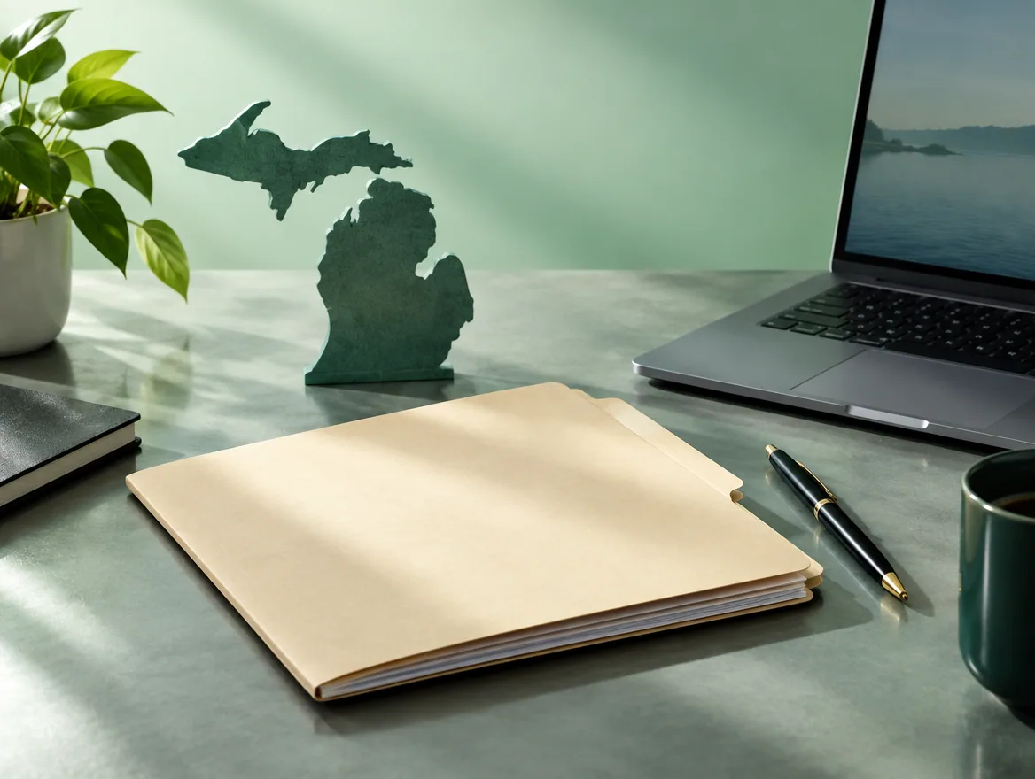 A Michigan map and notebook illustrate forming a C corporation in Michigan.