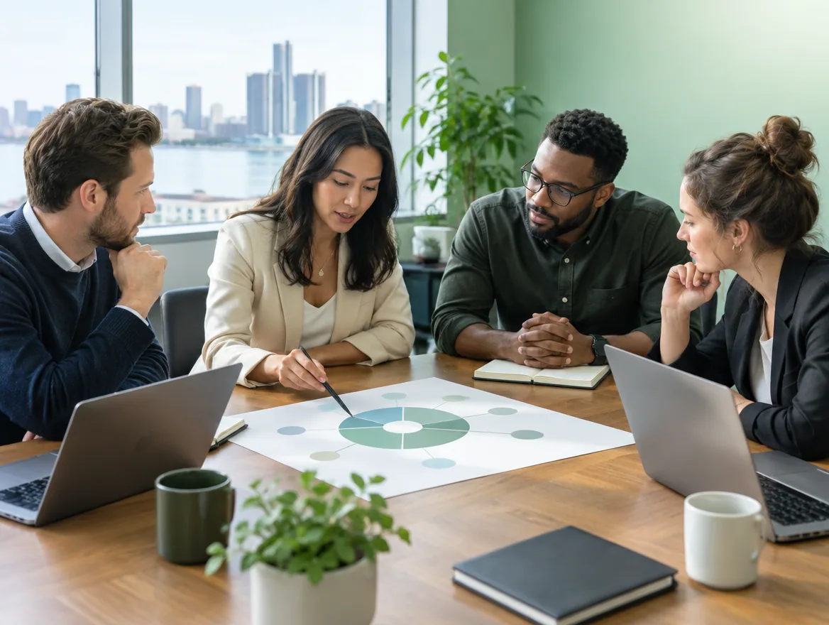 A team discusses forming a C corporation in Michigan at an office table.