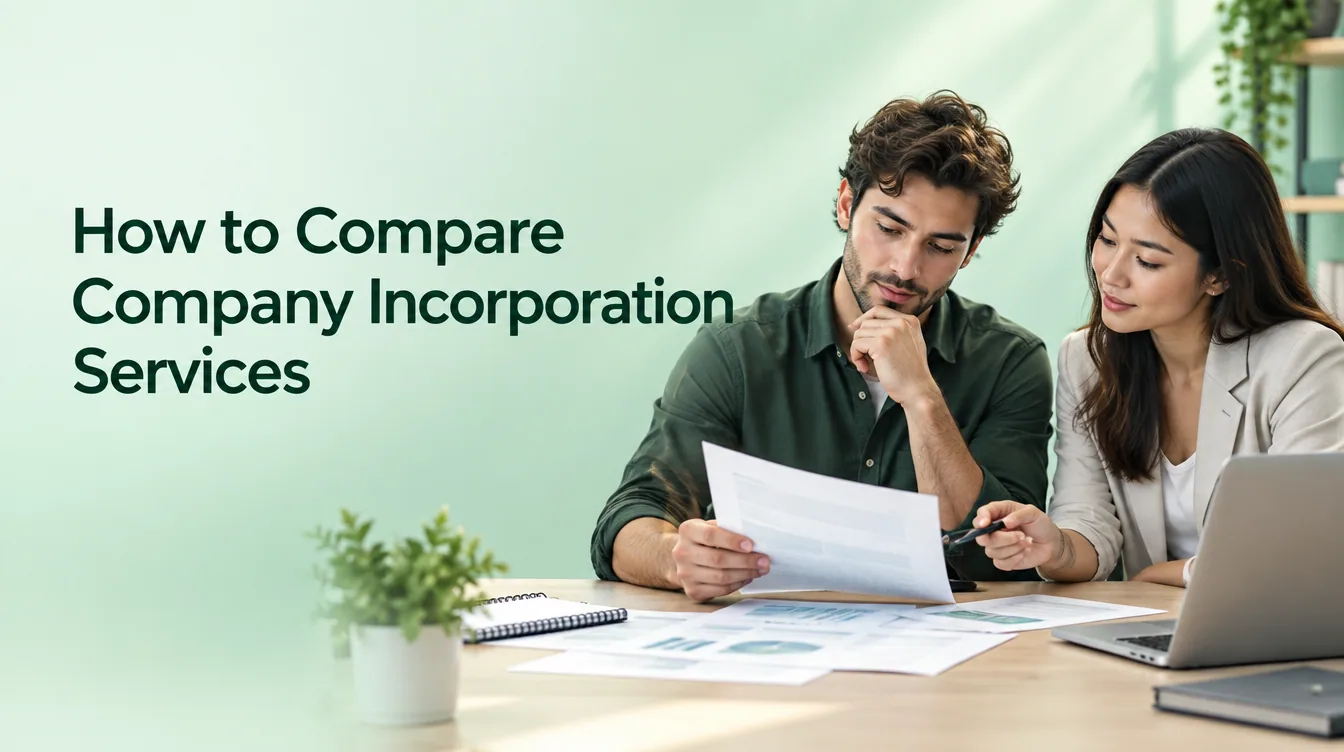 An office scene illustrates how to compare company incorporation services for business founders.