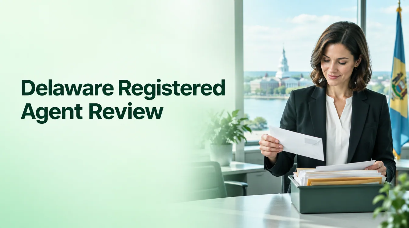 An office scene illustrates delaware registered agent review for business founders.
