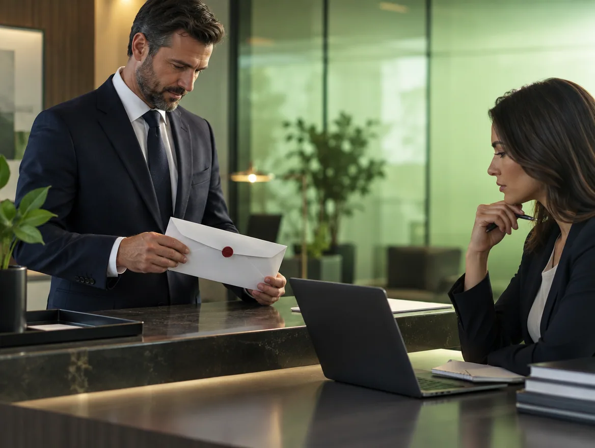An office worker handles documents for a Delaware registered agent review.