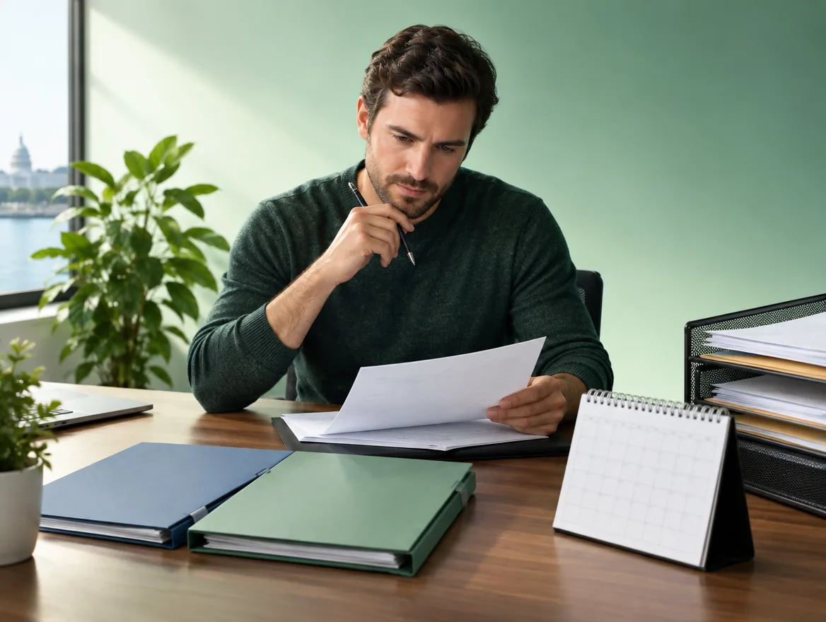 A founder compares papers during a Delaware registered agent review.