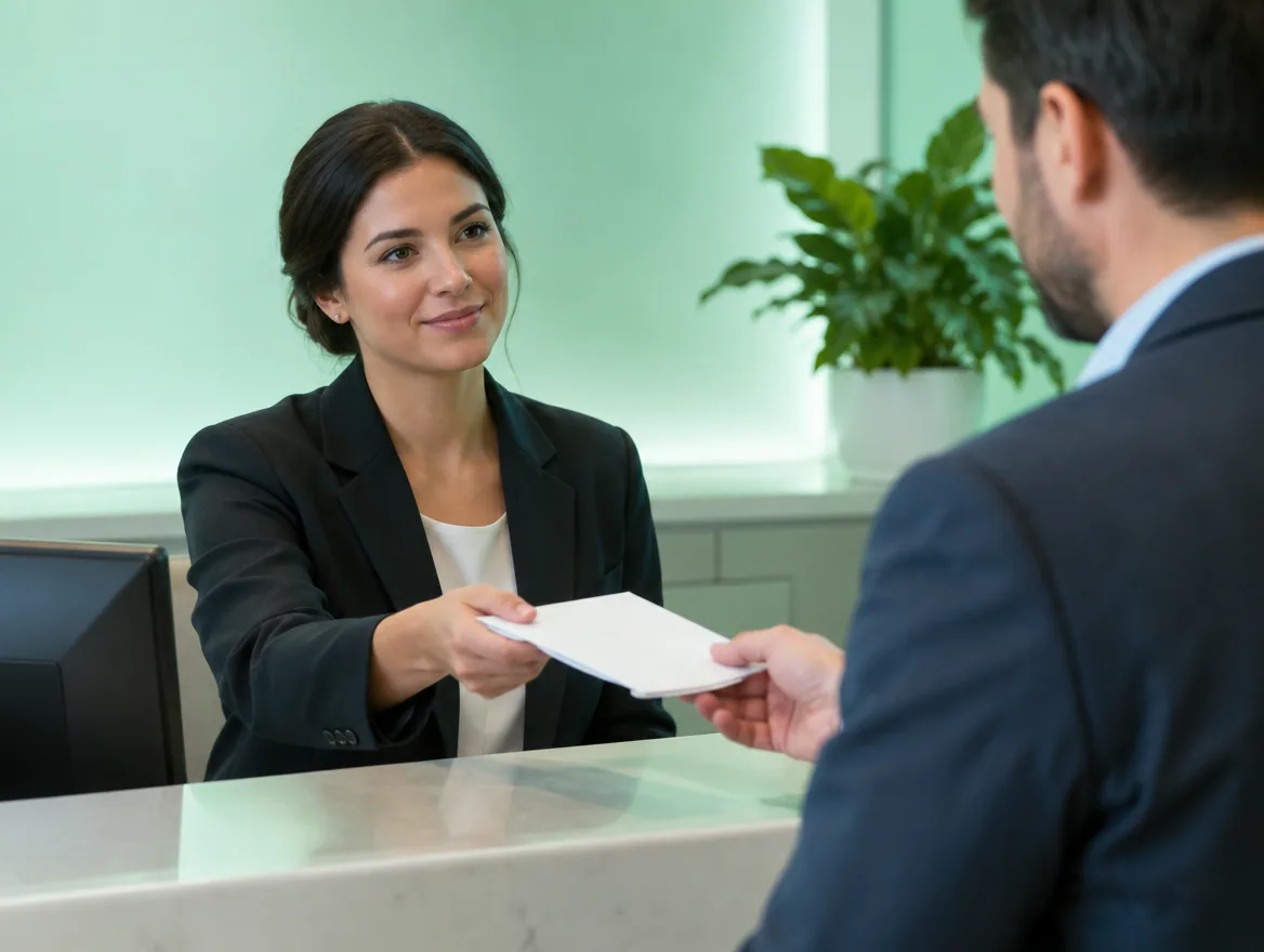 A representative delivers an envelope during a Delaware registered agent review.
