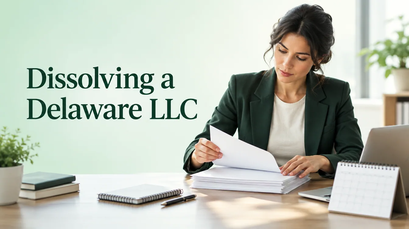An office scene illustrates dissolving a delaware llc for business founders.