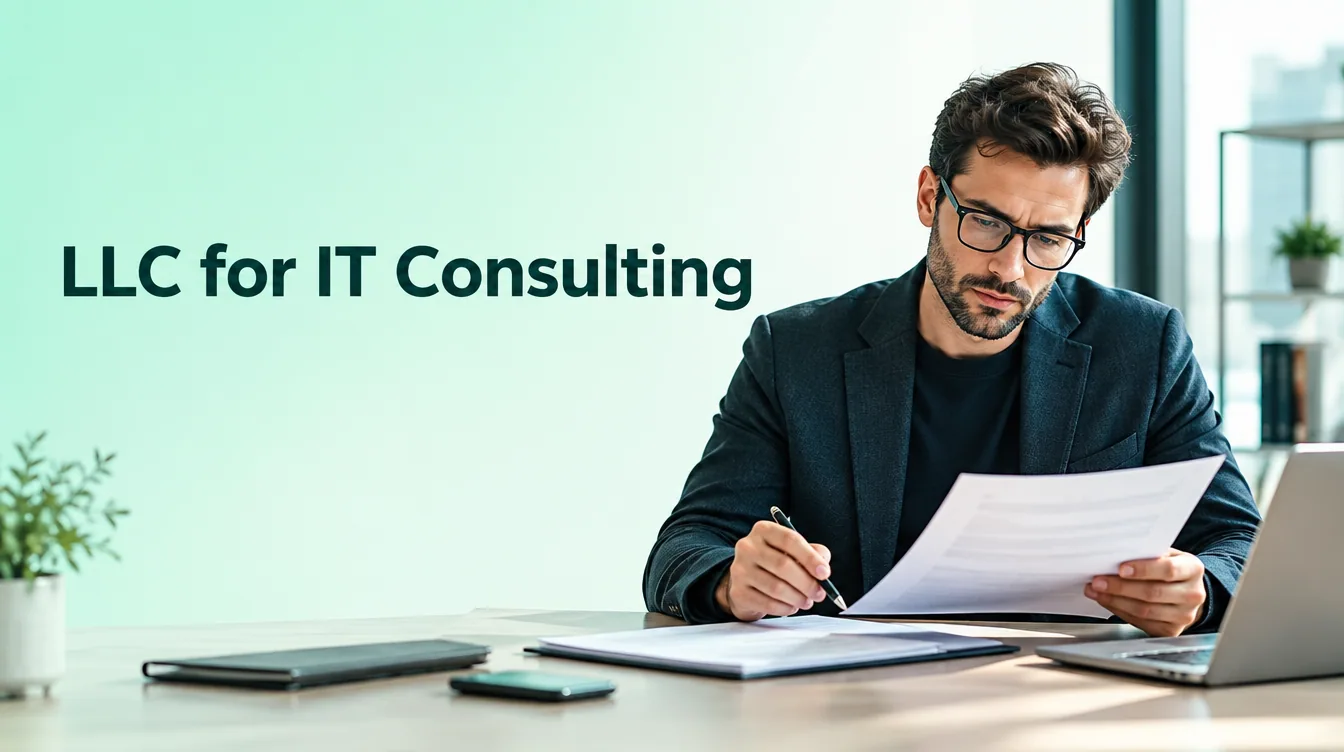 An office scene illustrates llc for it consulting for business founders.