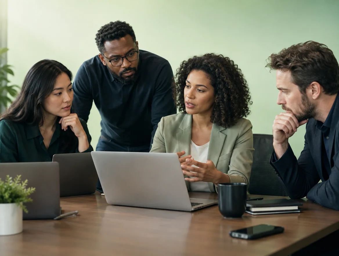 Founders discuss LLC for IT consulting decisions at an office table.