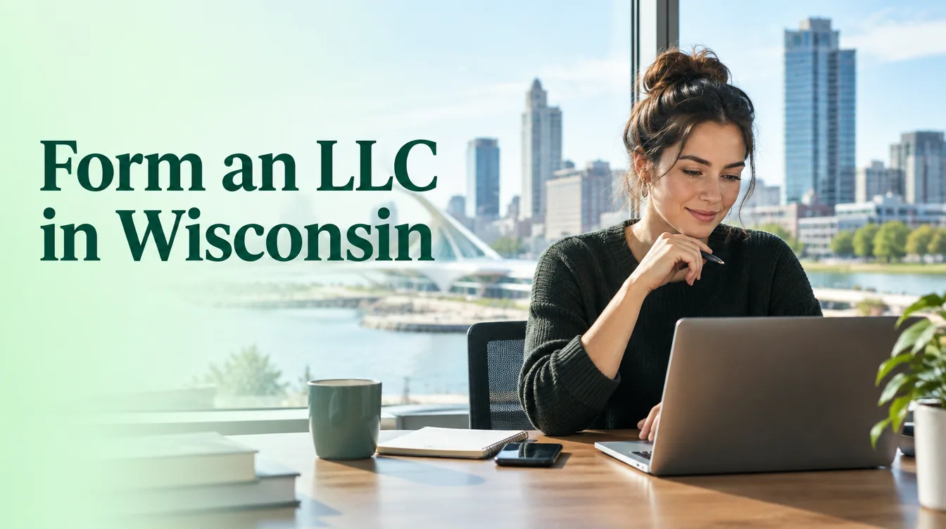 An office scene illustrates form an llc in wisconsin for business founders.