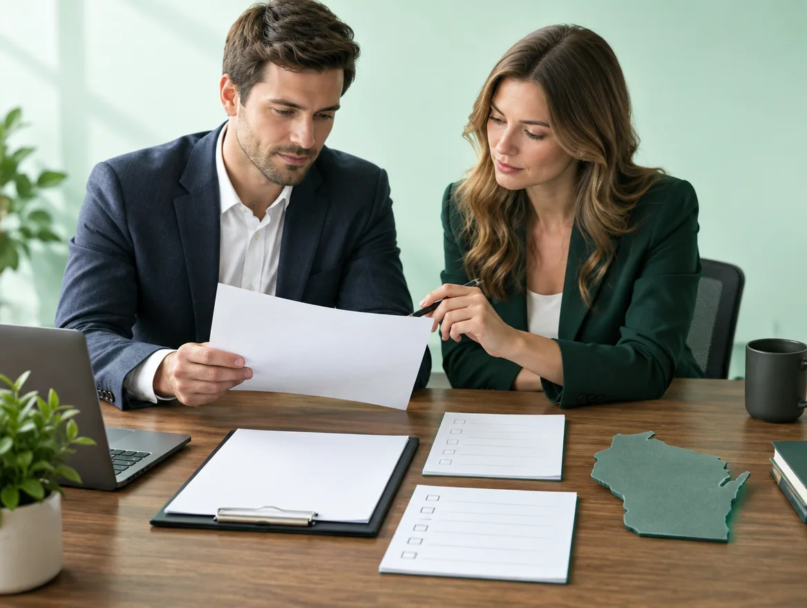 Two founders review documents to form an LLC in Wisconsin.
