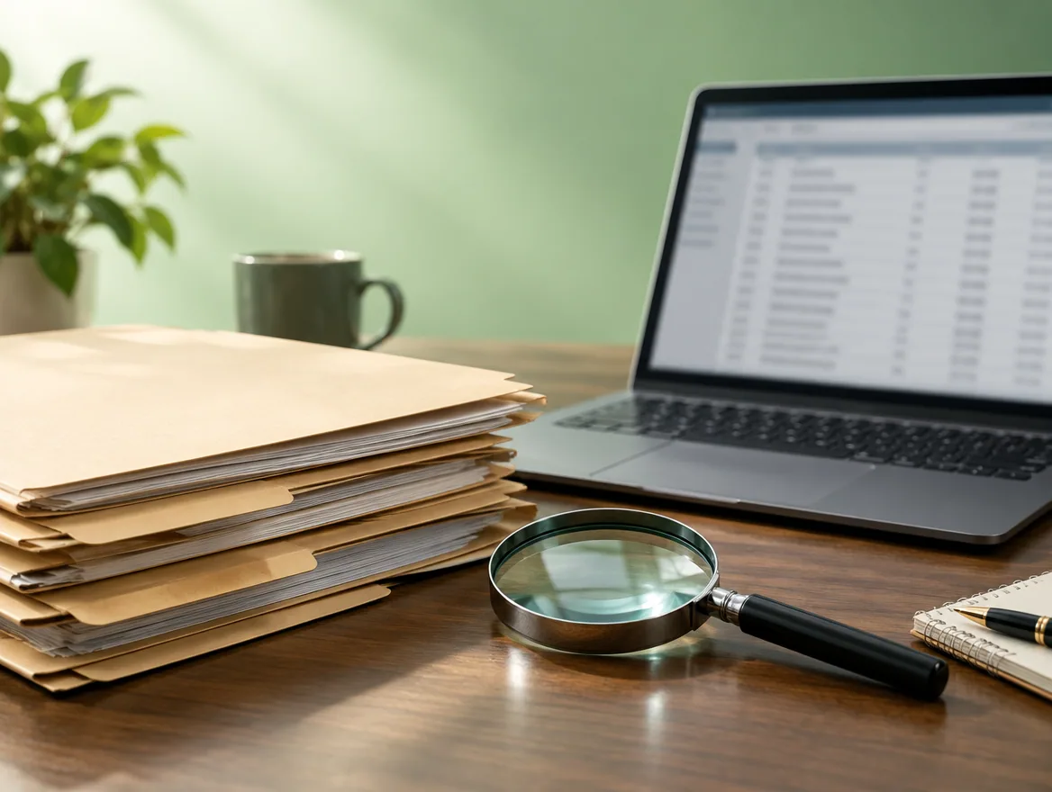 A magnifying glass and folders illustrate Wisconsin business register research.