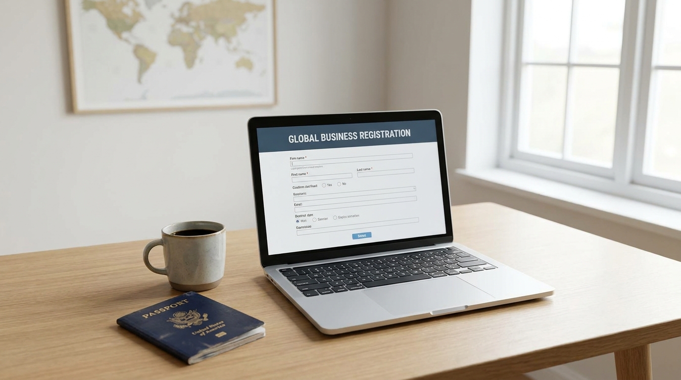 Laptop showing US company formation documents, a non-US passport, and a coffee cup on a clean desk, symbolizing international business setup.