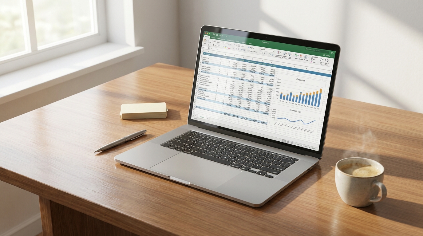 Laptop displaying a financial spreadsheet with C-Corp cost breakdowns, a pen, and coffee cup on a clean desk.