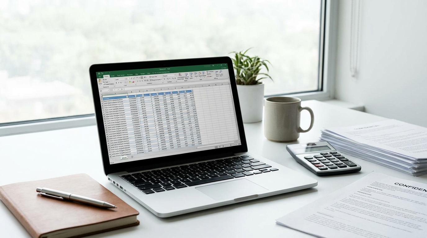 Desk with a laptop, calculator, and financial documents, symbolizing business budgeting and planning for an S-Corp in Alabama.
