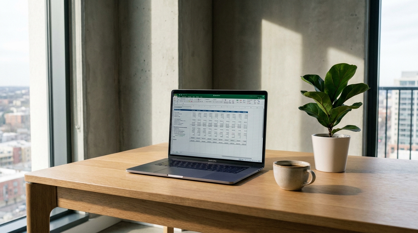 A laptop displaying a financial spreadsheet, coffee cup, and plant on a clean desk, symbolizing business financial planning.