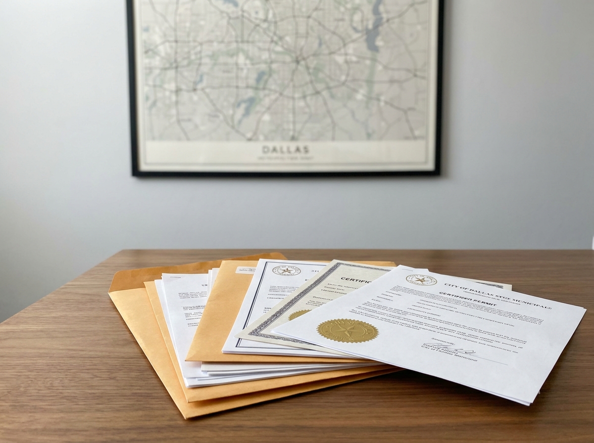 A close-up of various city permit documents and licenses on a desk, with a Dallas city map blurred in the background, symbolizing local regulations.