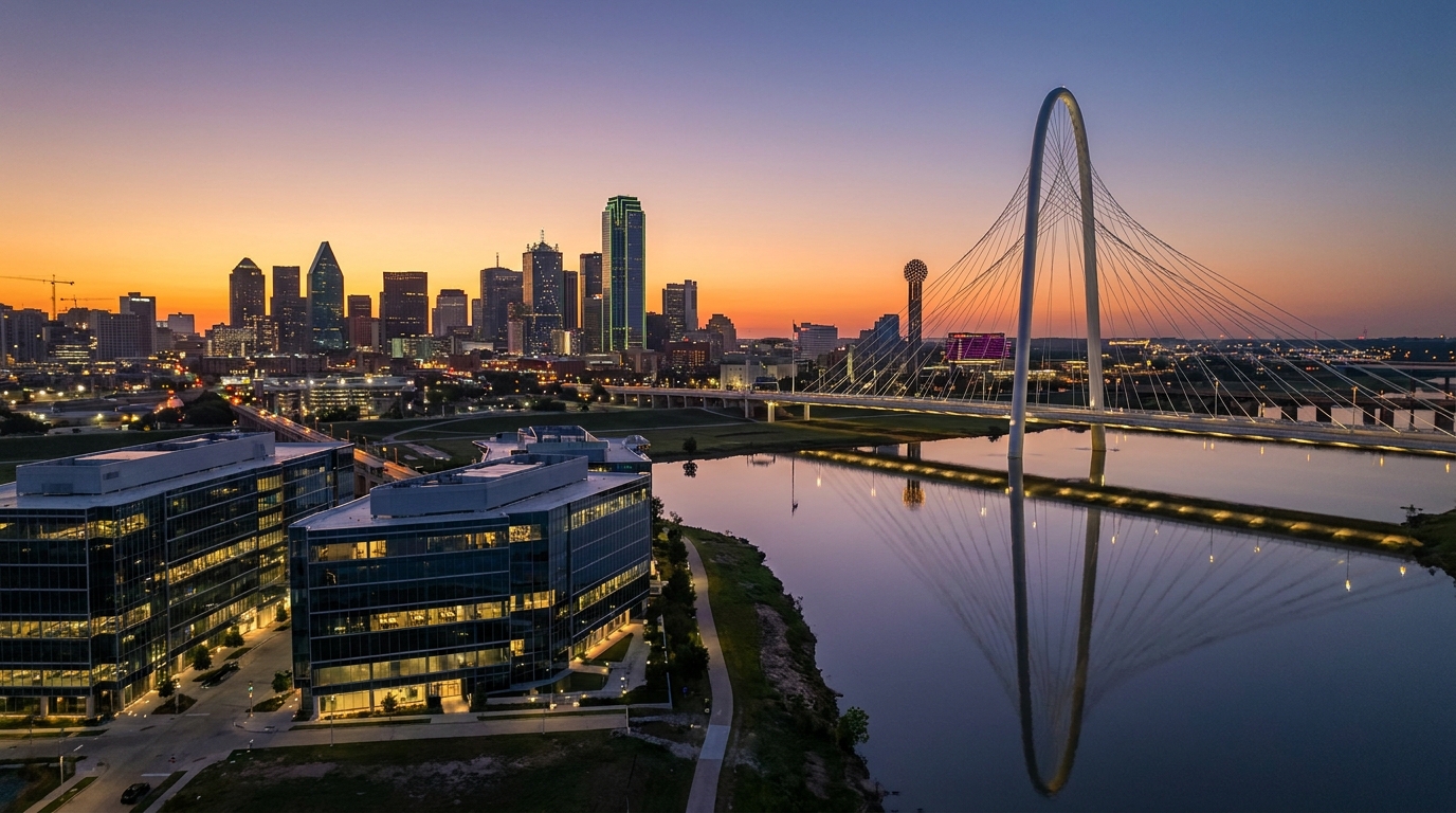 Dallas skyline at dusk with the Margaret Hunt Hill Bridge and reflections in the Trinity River, symbolizing business opportunity.