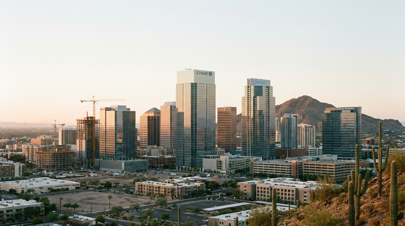 Phoenix, Arizona skyline at sunrise, showing modern buildings against a clear desert sky, symbolizing a new beginning for a nonprofit.