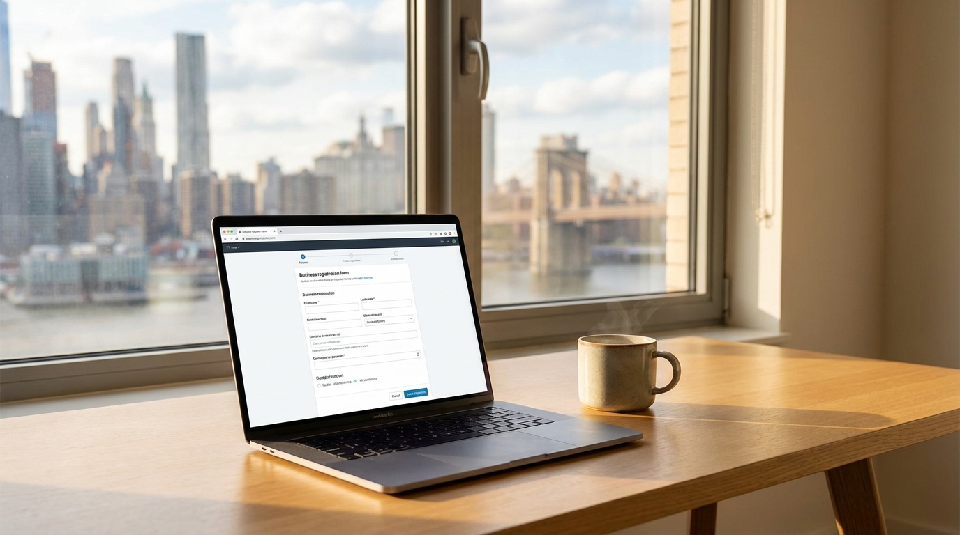 Laptop on a desk with New York City skyline in background, showing a business registration form.