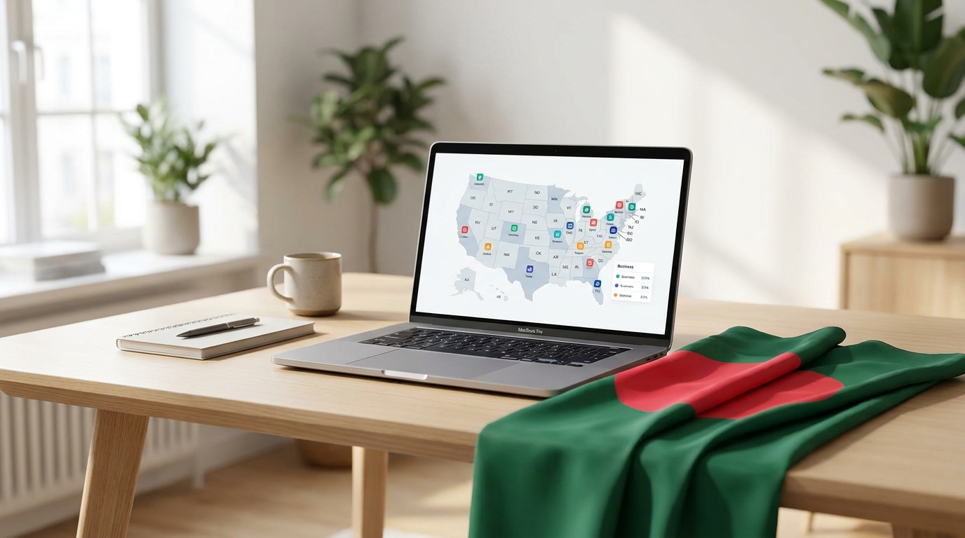 Laptop displaying a US map and business icons, with a Bangladeshi flag, symbolizing international business formation.
