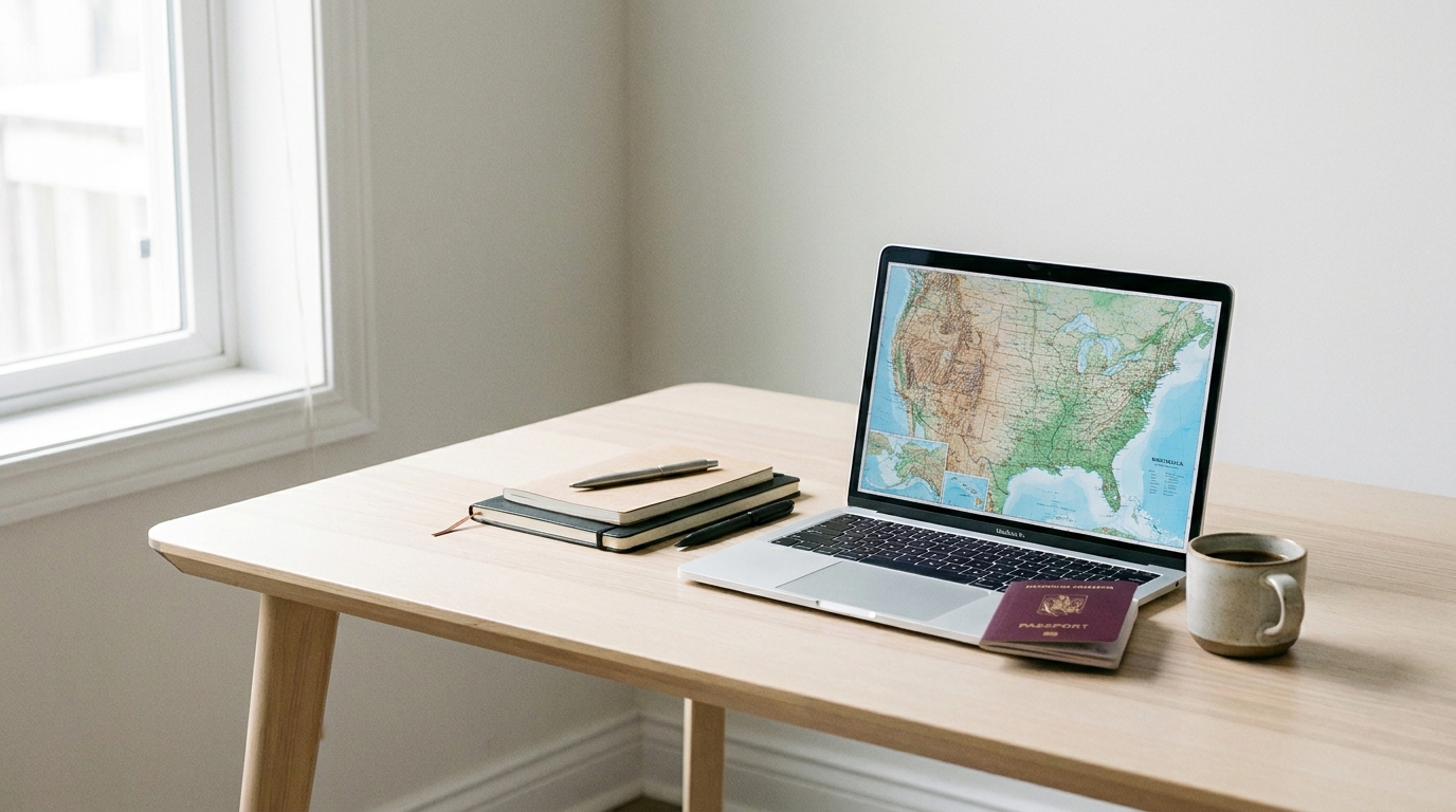 A desk with a laptop showing a US map, a Romanian passport, and a coffee cup, symbolizing international business expansion.