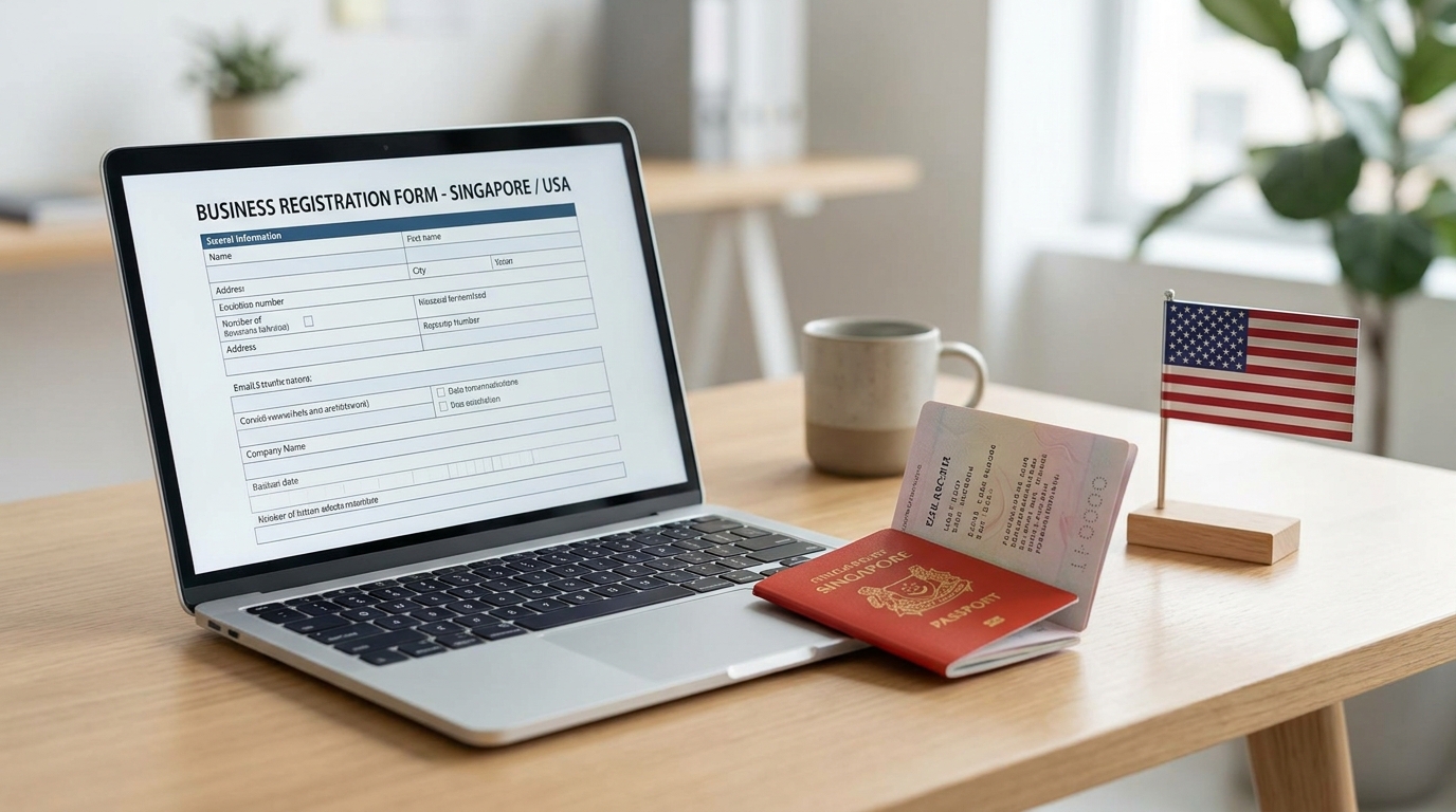A Singaporean passport resting on a modern desk next to a laptop displaying US LLC formation documents, symbolizing international business expansion.