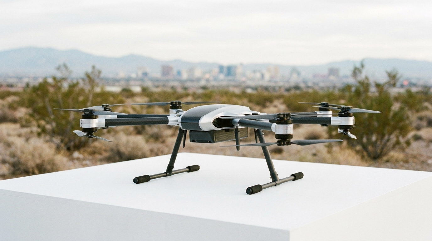 A sleek, professional drone resting on a clean surface with a blurred Nevada desert and city backdrop, symbolizing drone services and business formation.