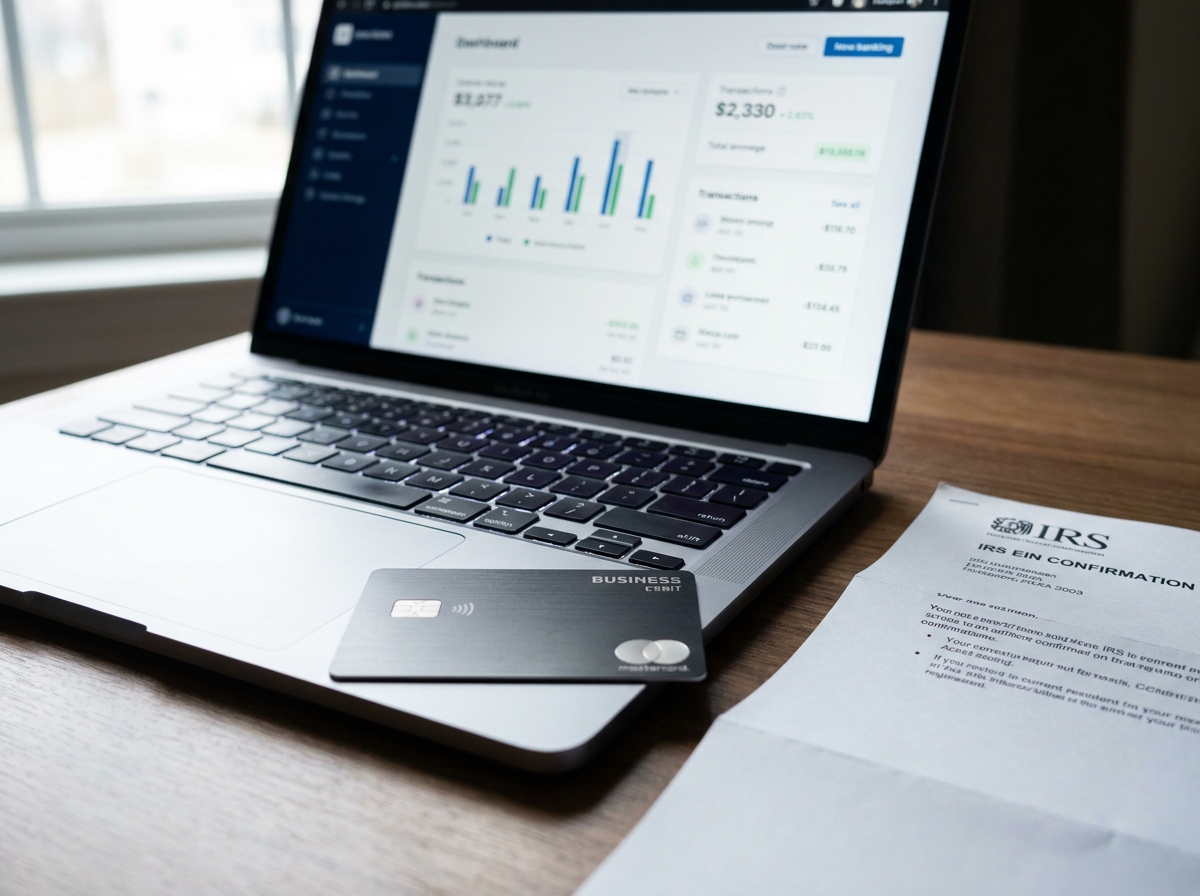 Close-up of a business bank card next to a laptop displaying an online banking portal, with an EIN confirmation letter in the background, symbolizing financial setup for an LLC.