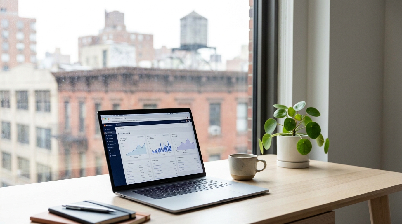 Overhead view of a laptop on a desk showing an e-commerce store dashboard, with blurred New York City skyline in the background, symbolizing urban dropshipping.