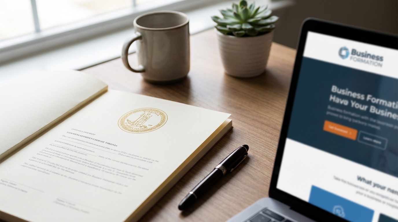 Close-up of Virginia LLC formation documents, a pen, and a laptop screen showing business registration, symbolizing the process of forming a franchise LLC.