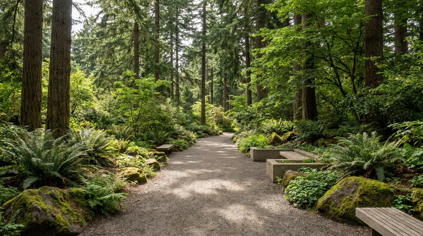A pristine pathway winding through a verdant Oregon botanical garden, illustrating the high standard of professional landscaping.