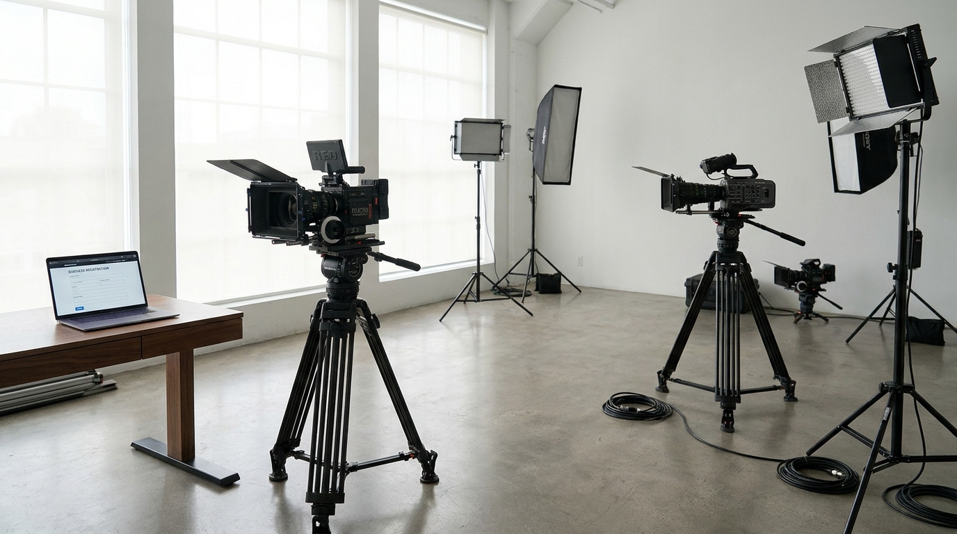 Professional videography equipment in a modern studio, with a laptop displaying an LLC formation document, symbolizing business setup in Mississippi.