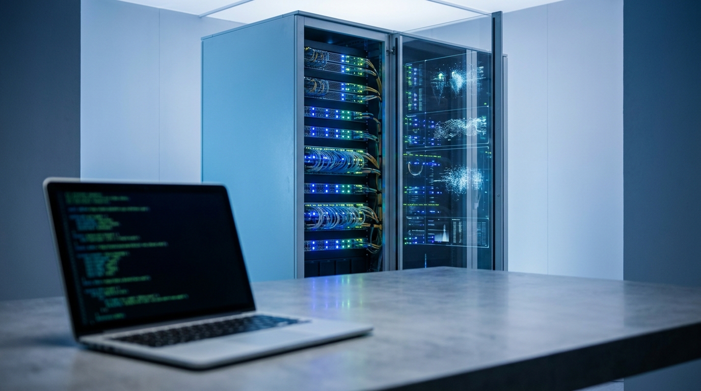 Server rack with glowing lights and a transparent screen displaying code, symbolizing AI and machine learning infrastructure.