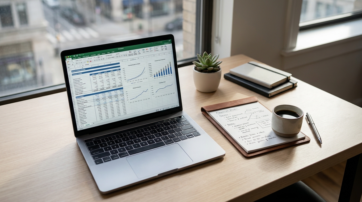 A consultant's organized desk with a laptop showing financial data, a notebook with strategic plans, and a coffee cup, bathed in soft natural light.