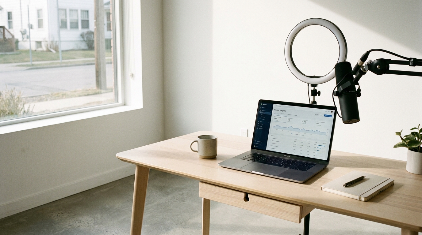 A clean desk setup for a content creator, featuring a laptop, microphone, and ring light, symbolizing business growth and strategic planning.
