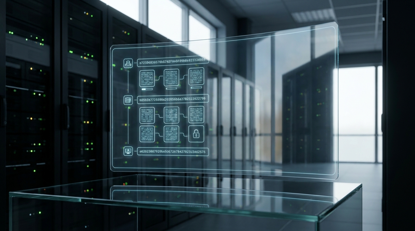 Holographic interface showing crypto transactions, with server reflections.