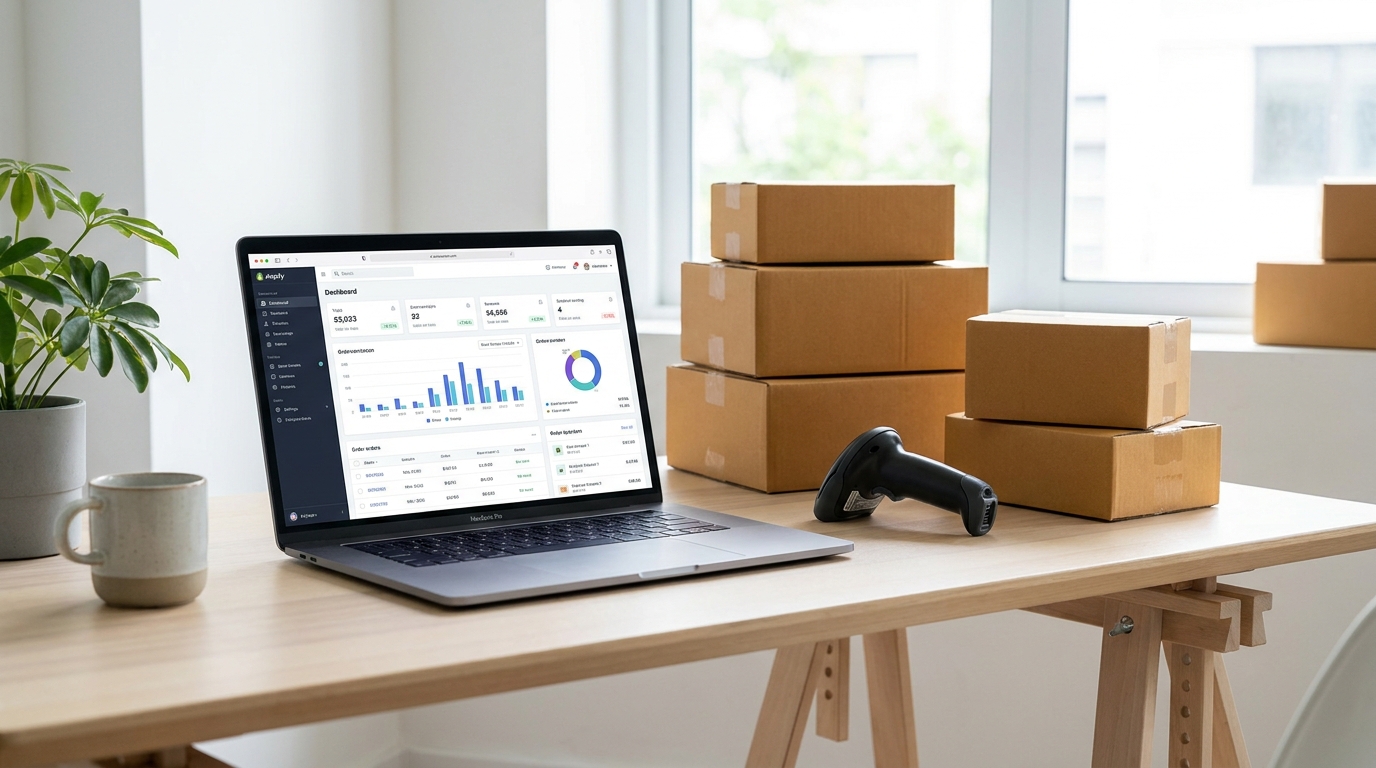 Laptop displaying an e-commerce analytics dashboard with shipping boxes and a barcode scanner on a desk.