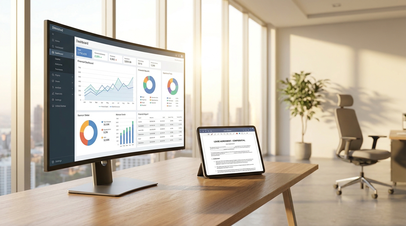 A modern fintech office with a large screen displaying financial data and a tablet showing legal documents, representing the intersection of technology and corporate structure.